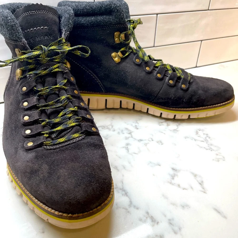 Men's Black Suede Lace-Up Hiking Boots with Yellow Accents